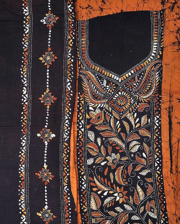 Black and Caramel-Brown Batik Salwar Kameez Fabric with Kantha Stitched Embroidered Flowers by Hand