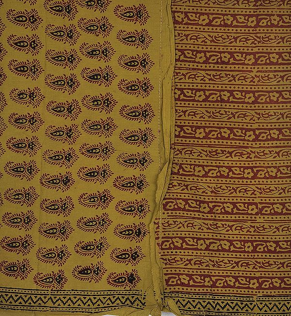 Amber-Green Salwar Kameez Fabric with Printed Paisleys and Flowers