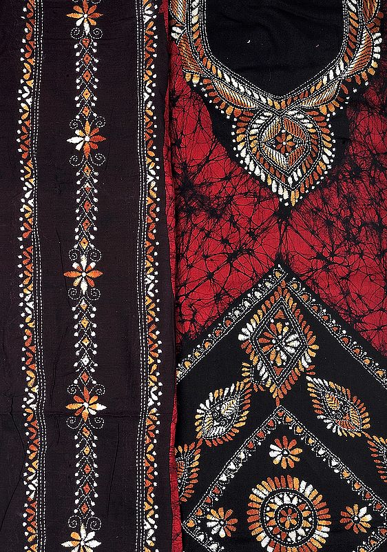 Garnet-Red and Black Batik Salwar Kameez Fabric with Kantha Stitched Embroidery