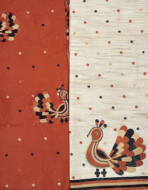 Beige and Brown Phulkari Salwar Kameez Fabric from Punjab with Embroidered Bootis and Peacocks
