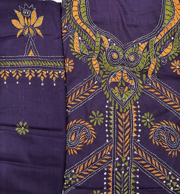 Wineberry-Purple Salwar Kameez Fabric with Kantha Stiched Embroidered Paisleys by Hand