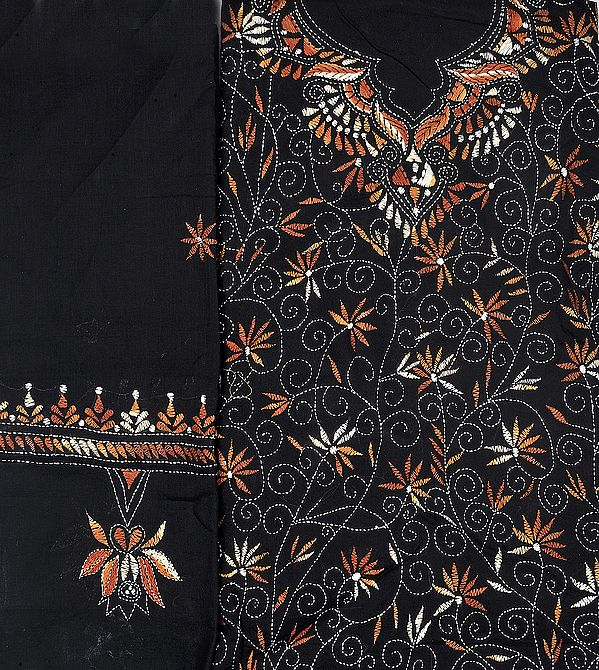 Black Salwar Kameez Fabric with Kantha Stiched Embroidered Flowers All-Over