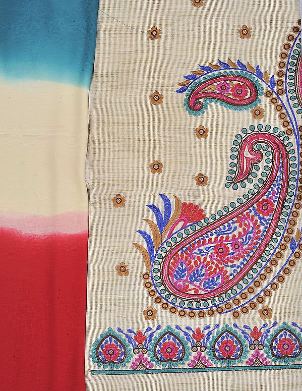 Beige Phulkari Salwar Kameez Fabric from Punjab with Aari Embroidered Paisleys and Flowers