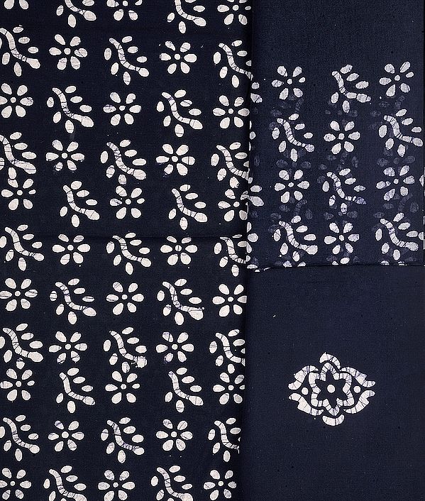 Navy-Blue Batik Floral Salwar Kameez Fabric