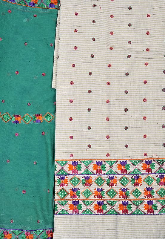 Beige and Green Phulkari Salwar Kameez Fabric from Punjab with Aari Embroidered Flowers