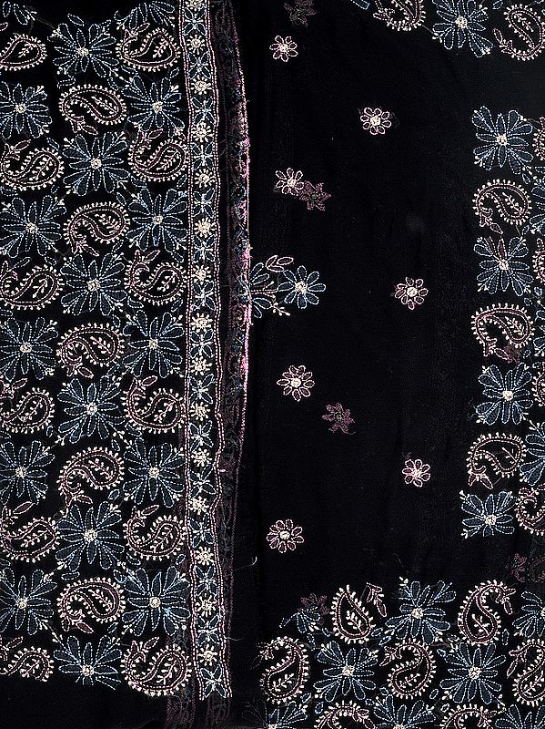 Black Salwar Kameez Fabric with Lukhnavi Chikan Embroidered Paisleys and Flowers By Hand