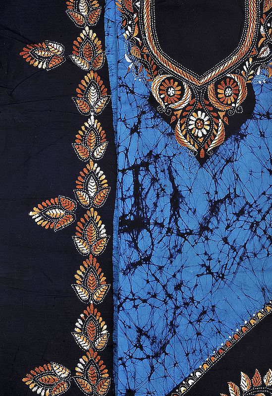 Bluejay Batik Salwar Kameez Fabric with Kantha Stitched Embroidery on Neck