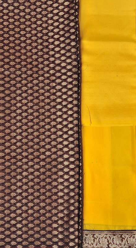 Lemon-Chrome and Burgundy Banarasi Salwar Kameez Fabric with Brocaded Flowers in Golden Thread