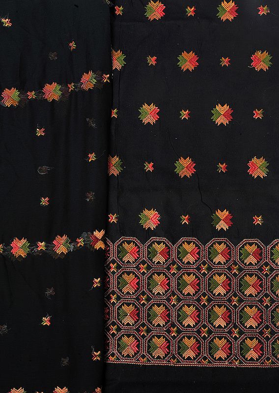Black Phulkari Salwar Kameez Fabric From Punjab with Aari Embroidery and Crystals
