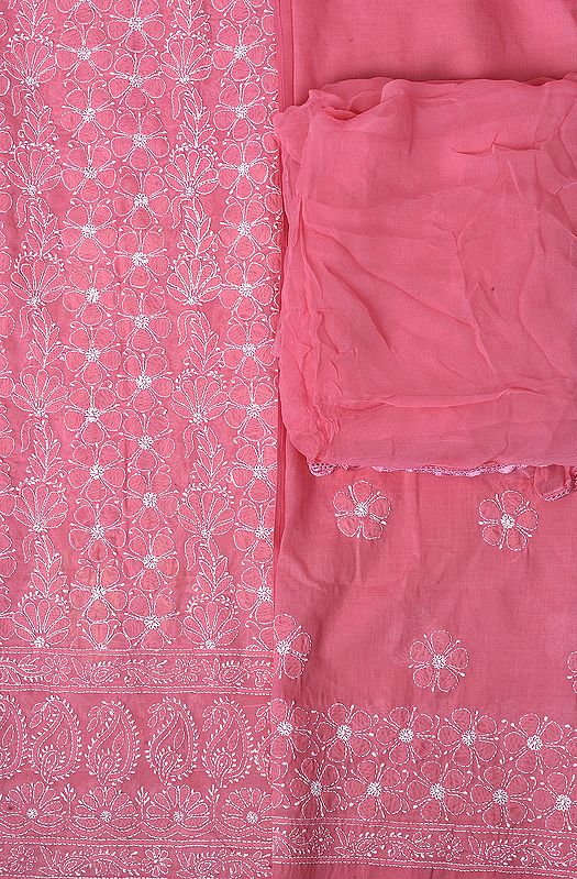 Desert-Rose Salwar Kameez Fabric from Lucknow with Chikan-Embroidered Flowers by Hand