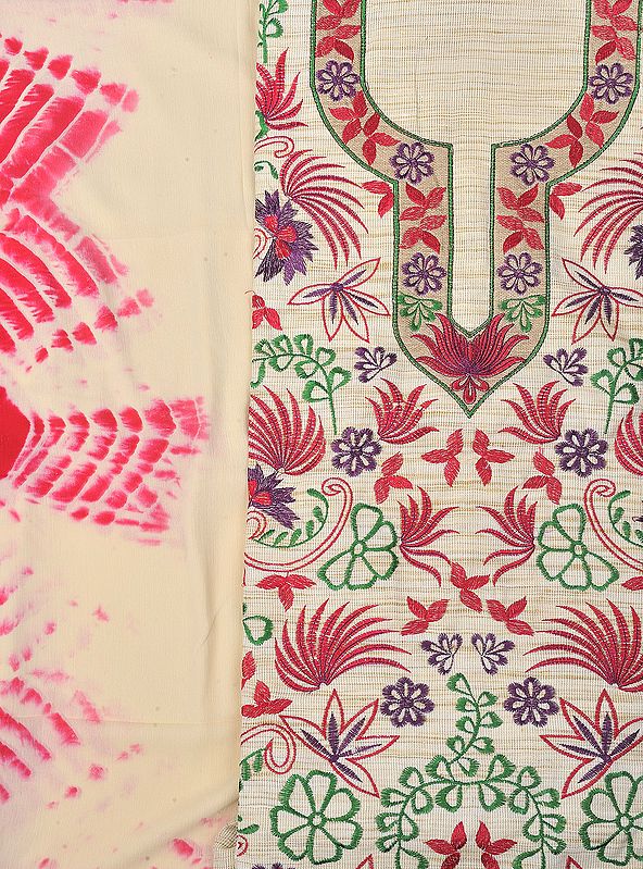 Beige Phulkari Salwar Kameez Fabric from Punjab with Aari Embroidered Flowers
