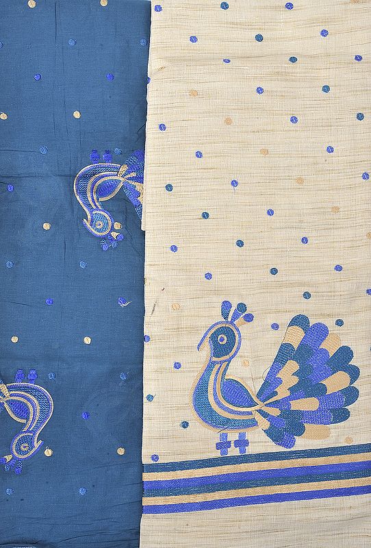 Beige Phulkari Salwar Kameez Fabric from Punjab with Embroidered Peacock
