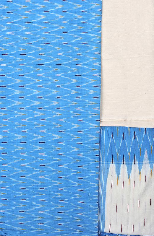 Cyan-Blue Salwar Kameez Fabric from Pochampally with Ikat Weave