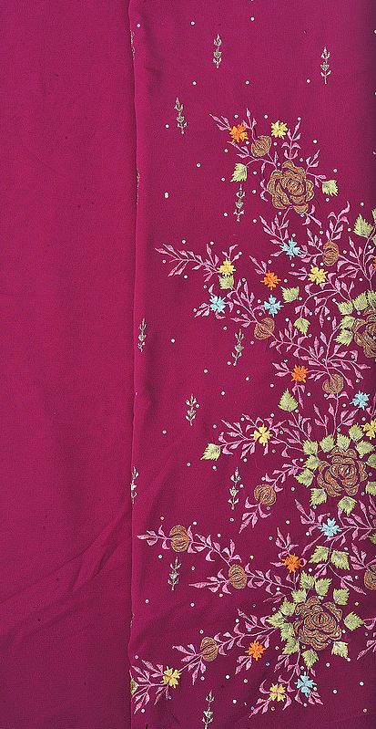 Purple-Wine Salwar Kameez Fabric with Metallic Thread Embroidered Flowers and Sequins