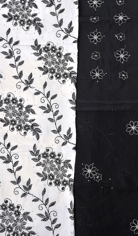 Chic-White and Black Salwar Kameez Fabric with Metallic Thread Embroidered Flowers