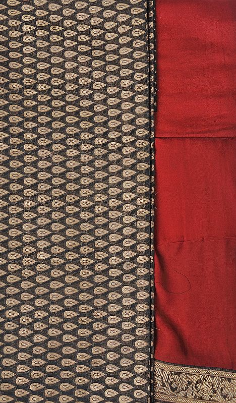 Black and Rust Banarasi Salwar Kameez Fabric with All-Over Woven Bootis in Golden Thread
