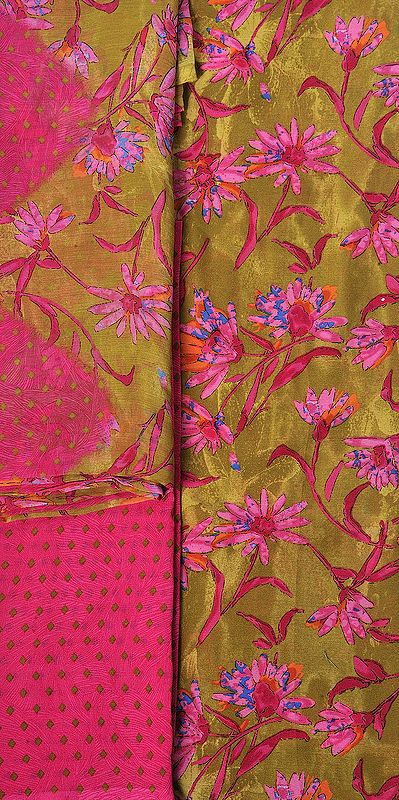 Moss-Green and Fuchsia Salwar Kameez Fabric with Printed Flowers All-Over