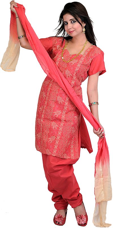 Tea-Rose Salwar Kameez Fabric with Thread Embroidered Paisleys and Flowers