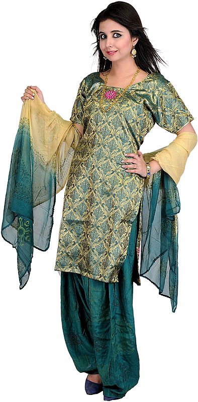Moss-Green Brocaded Salwar Kameez Fabric with Embroidered Flowers