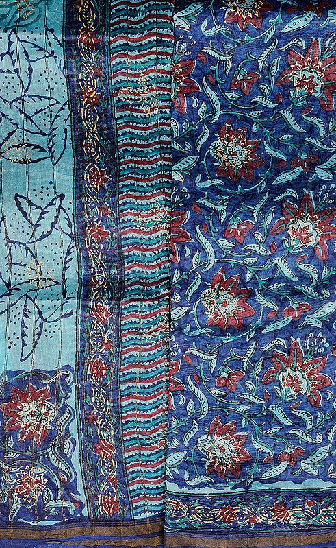 Dutch-Blue Block-Printed Chanderi Salwar Kameez Fabric with Golden Paint