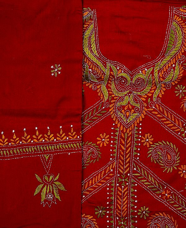 Tango-Red Salwar Kameez Fabric with Kantha Stiched Embroidered Paisleys by Hand