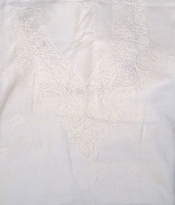 Chic-White Salwar Kameez Fabric with Lucknawi Chikan Embroidered Flowers