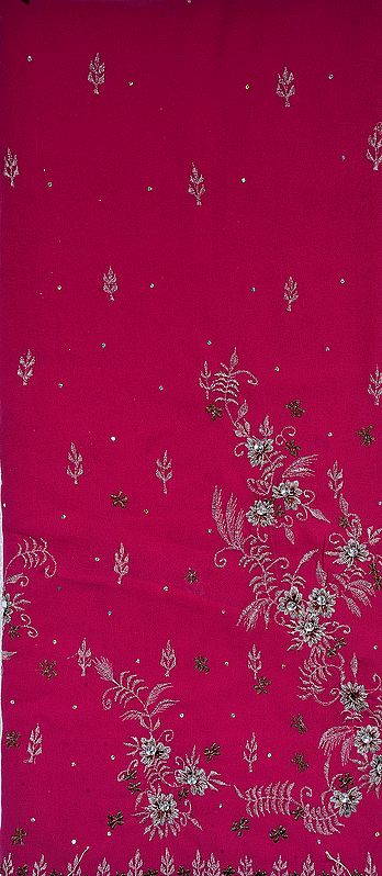 Fuchsia-Red Salwar Kameez Fabric with Metallic Thread Embroidered Flowers and Sequins