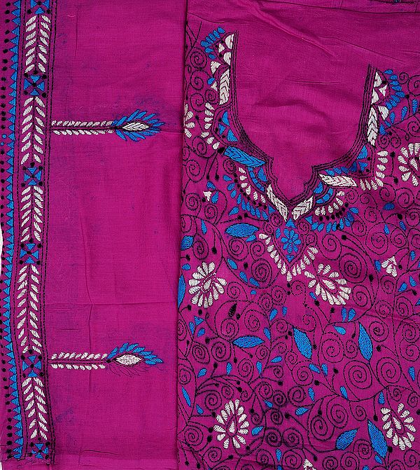 Striking-Purple Salwar Kameez Fabric with Kantha Stitched Embroidered Flowers