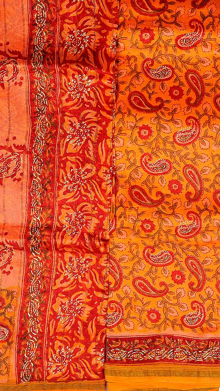 Amber Chanderi Salwar Kameez Fabric with Printed Paisleys and Golden Paint