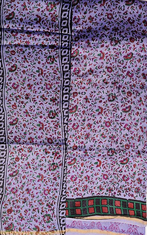 Daybreak-Blue Chanderi Salwar Kameez Fabric with Block-Printed Flowers