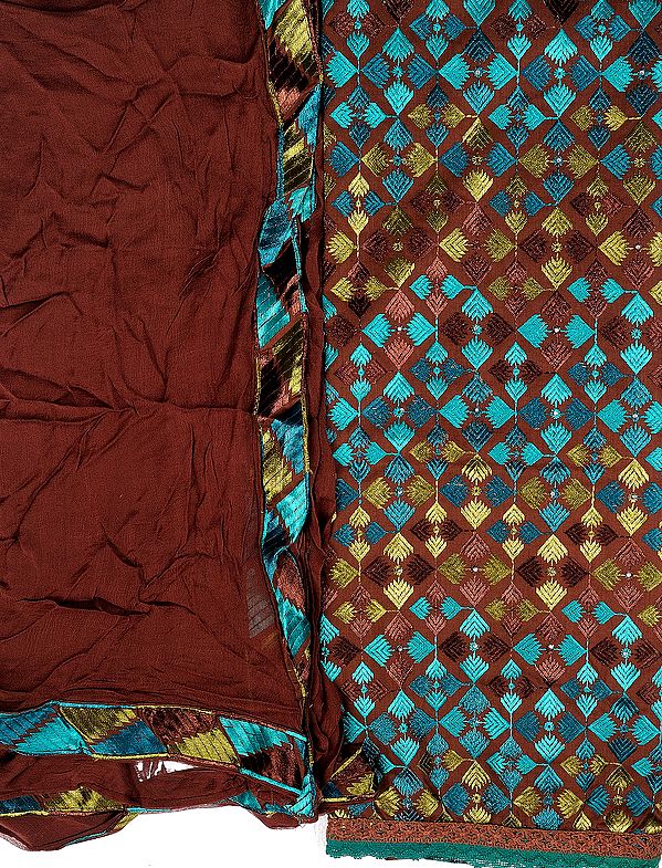 Aztec-Brown Phulkari Salwar Kameez Fabric From Punjab with Aari Embroidery