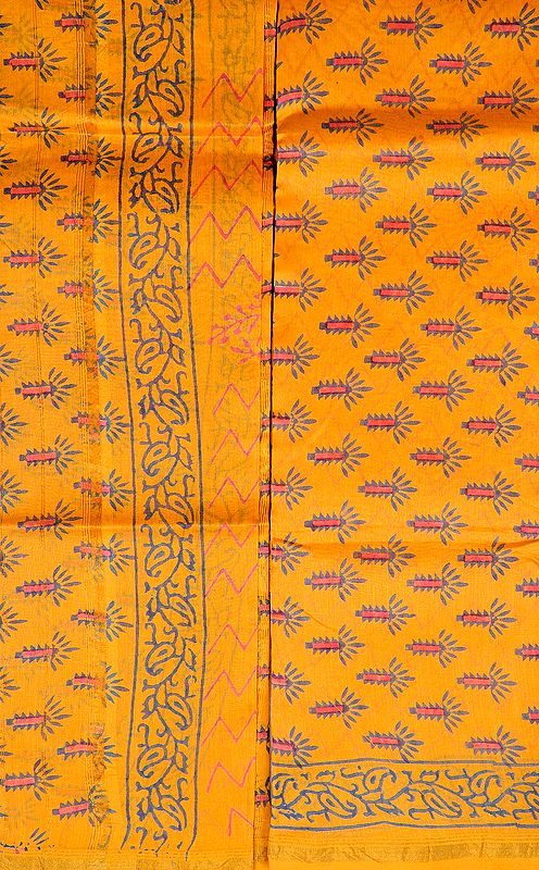 Citrus-Yellow Chanderi Salwar Kameez Fabric with Block-Printed Paisleys