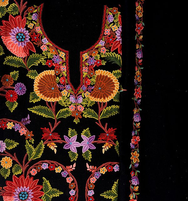 Caviar-Black Suit from Kashmir with Floral Aari Embroidery by Hand