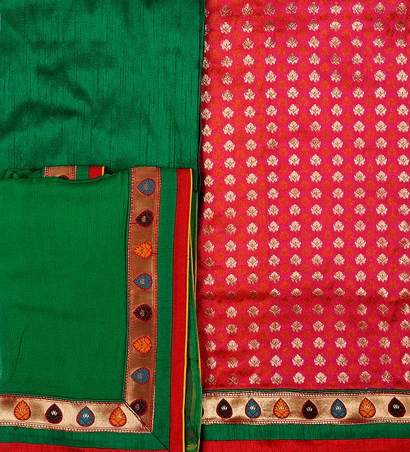 Fuchsia-Rose and Green Banarasi Salwar Kameez Fabric with Woven Flowers