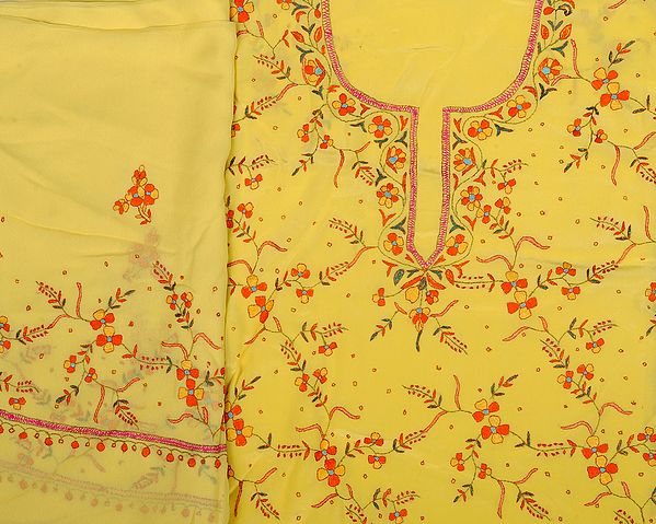 Primrose-Yellow Salwar Kameez Fabric from Kashmir with Needle Stitch Embroidered Flowers by Hand