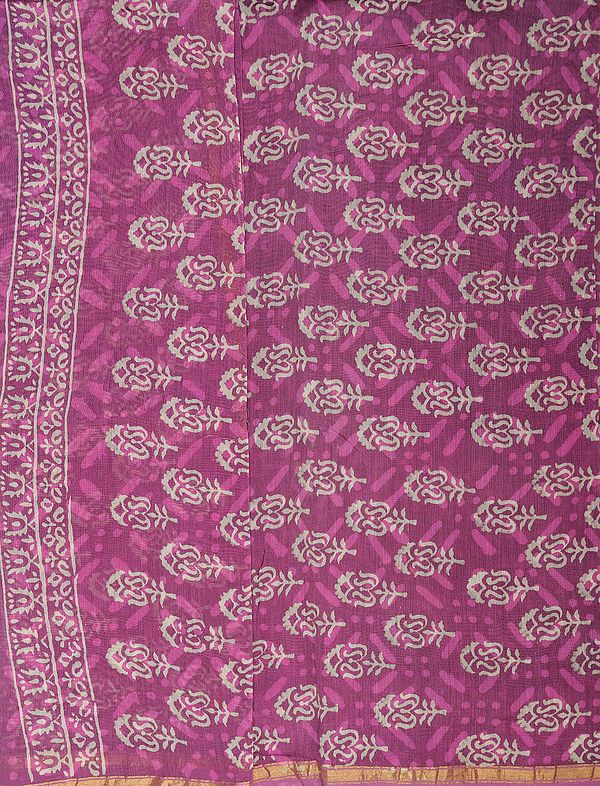 Mulberry-Purple Block-printed Chanderi Salwar Kameez Fabric with Golden Zari Border