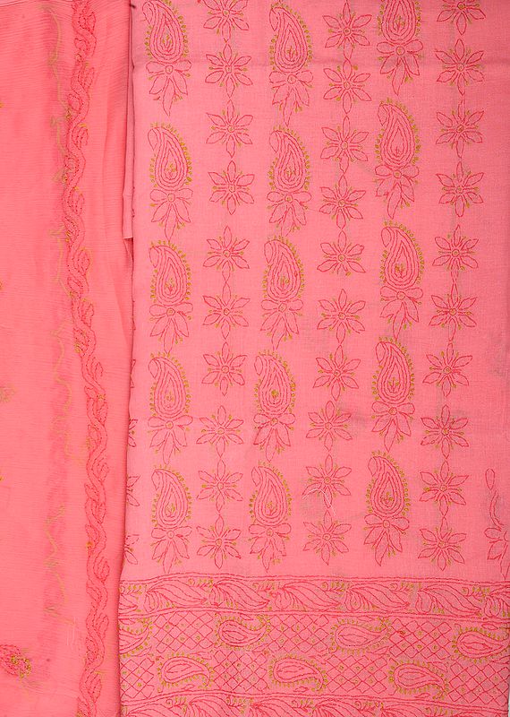 Strawberry-Pink Salwar Kameez Fabric from Lucknow with Chikan-Embroidered Paisleys by Hand