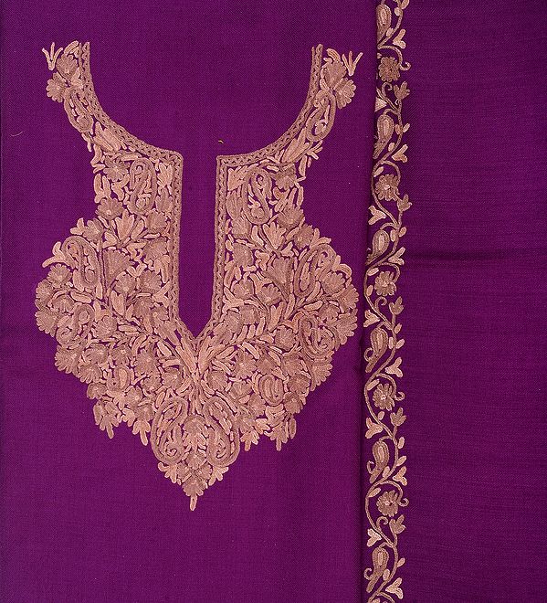 Sparkling-Grape Salwar Kameez Fabric from Kashmir with Hand-Embroidery on Neck