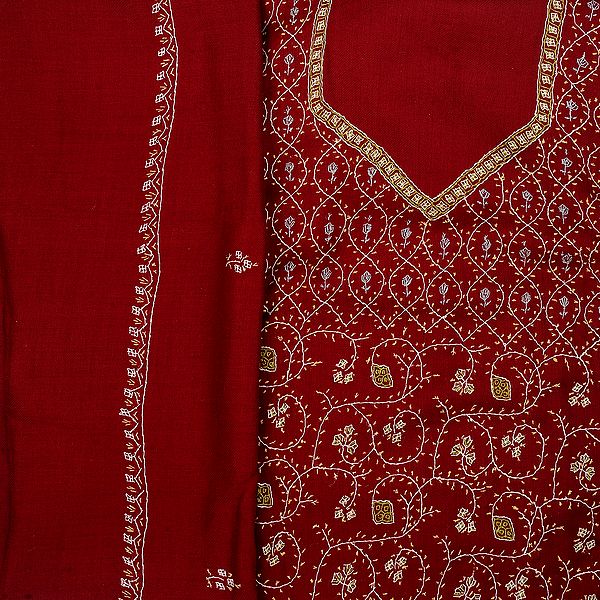 Oxblood-Red Salwar Kameez Fabric from Kashmir with Jafreen Jaal Embroidery by Hand