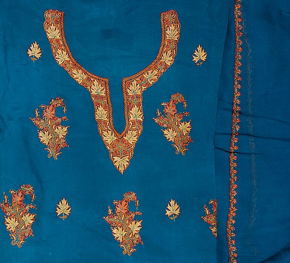 Teal Kashmiri Salwar Kameez Fabric with Intricately Hand-Embroidered Maple Leaves