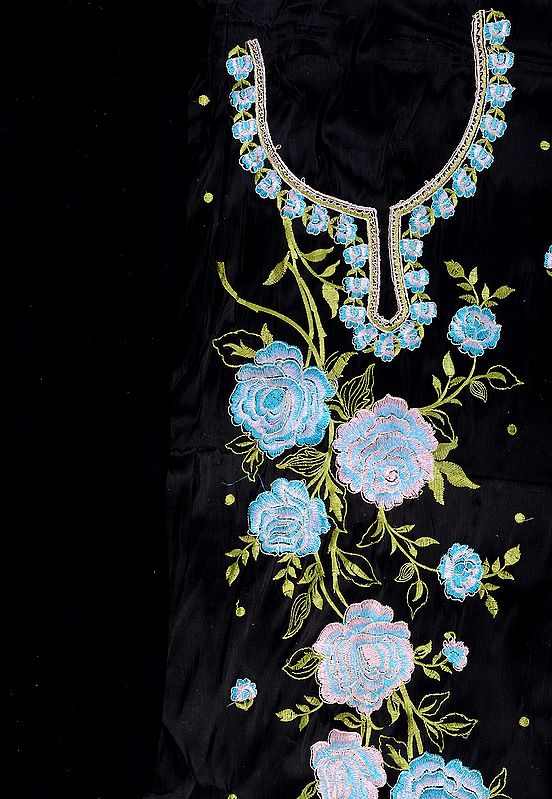 Black Salwar Kameez Fabric from Kashmir with Aari Embroidered Flowers