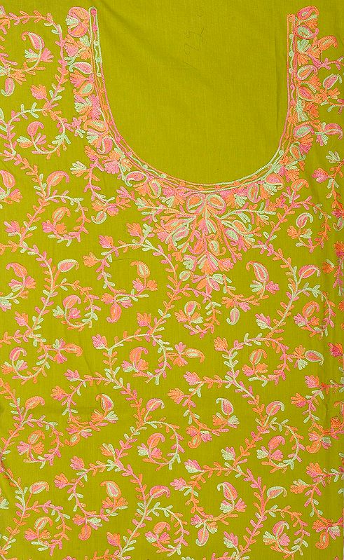Parrot-Green Two-Piece Salwar Kameez Fabric from Kashmir with Aari Embroidered Paisleys