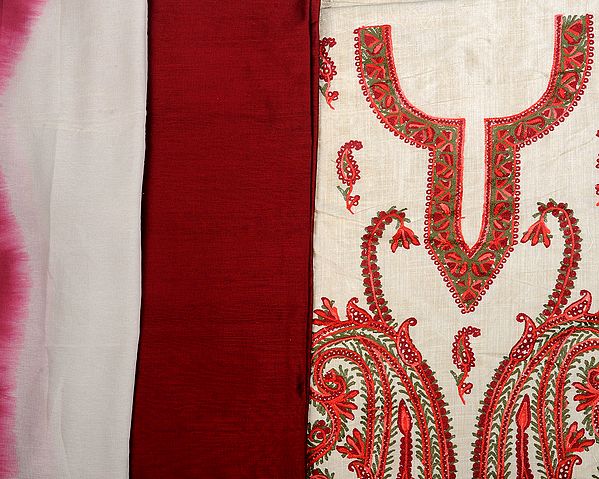 Beige and Red Salwar Kameez Fabric from Kashmir with Giant Embroidered Paisleys
