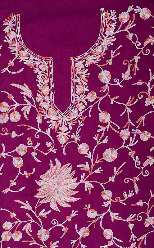 Meadow-Mauve Two-Piece Salwar Kameez Fabric from Kashmir with Floral Aari Embroidery