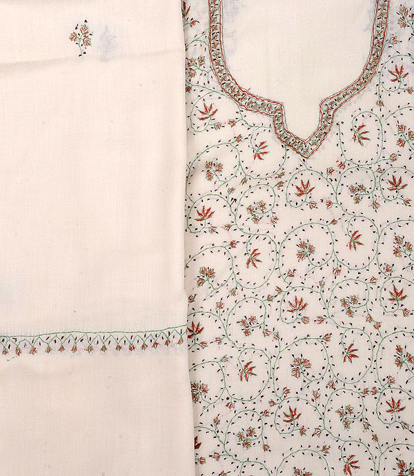 Cream Salwar Kameez Fabric from Kashmir with Sozni Embroidery by Hand