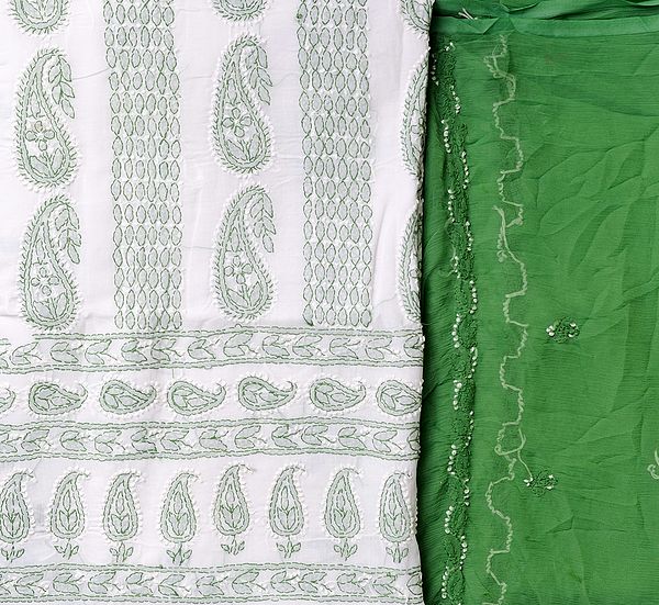 White and Green Hand Embroidered Lukhnavi Chikan Salwar Kameez Fabric