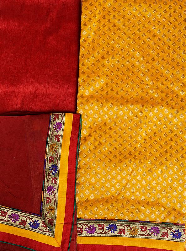 Citrus-Yellow Banarasi Salwar Kameez Fabric with All-Over Woven Bootis