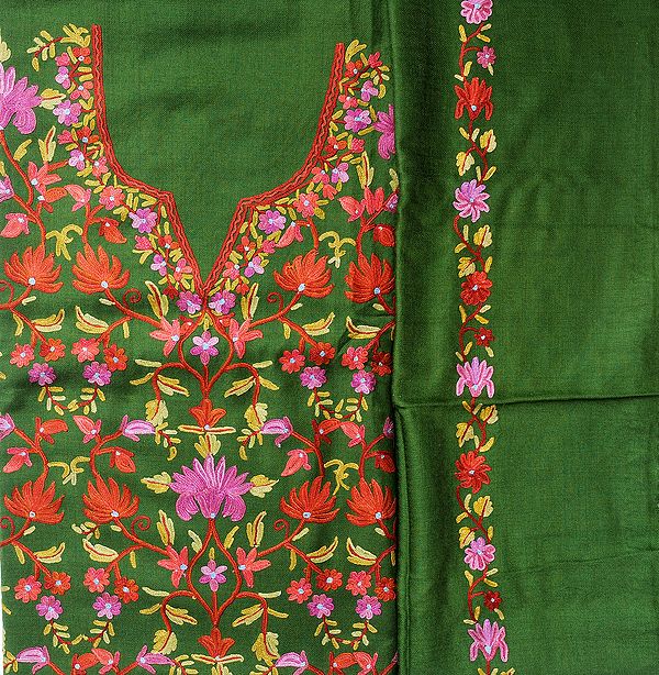Dill-Green Salwar Kameez Fabric from Kashmir with Aari Embroidered Flowers by Hand