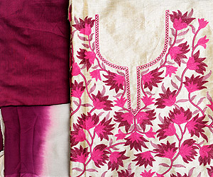 Salwar Kameez Fabric from Kashmir with Aari Embroidered Flowers