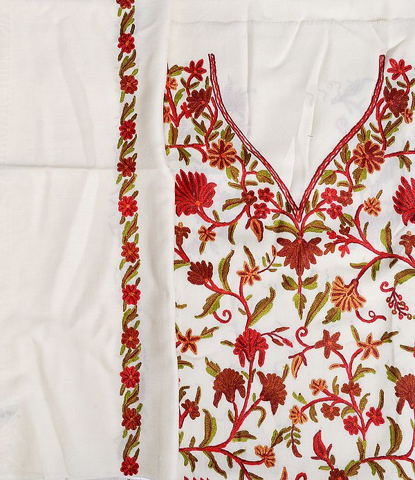Ivory Kashmiri Sawar Kameez Fabric with Hand Embroidered Flowers